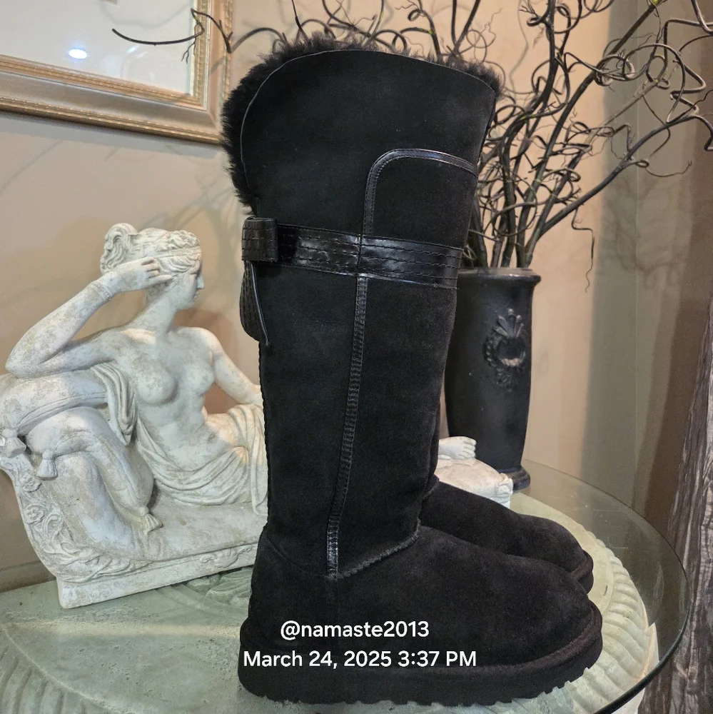Ugg Genevieve Over The Knee Boots Suede Leather Fur Bows Designer Luxury #159